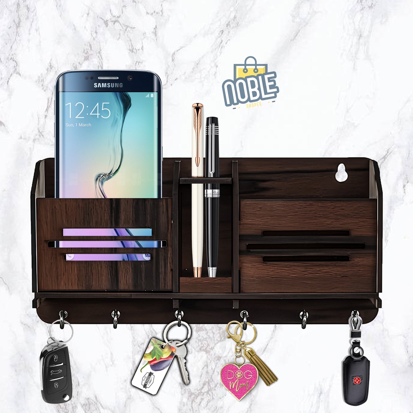 Wall-Mounted Wooden Organizer for Keys, Phones & Accessories